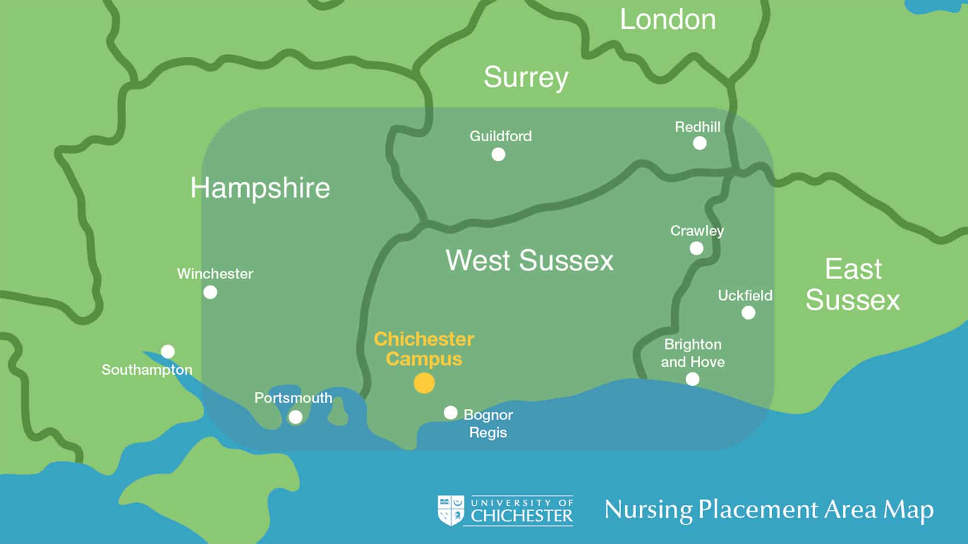 a map showing a 1.5 hour radius from Chichester of where placements will be