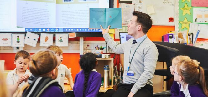 Teaching student leading a primary school class