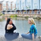 students chatting at chichester canal