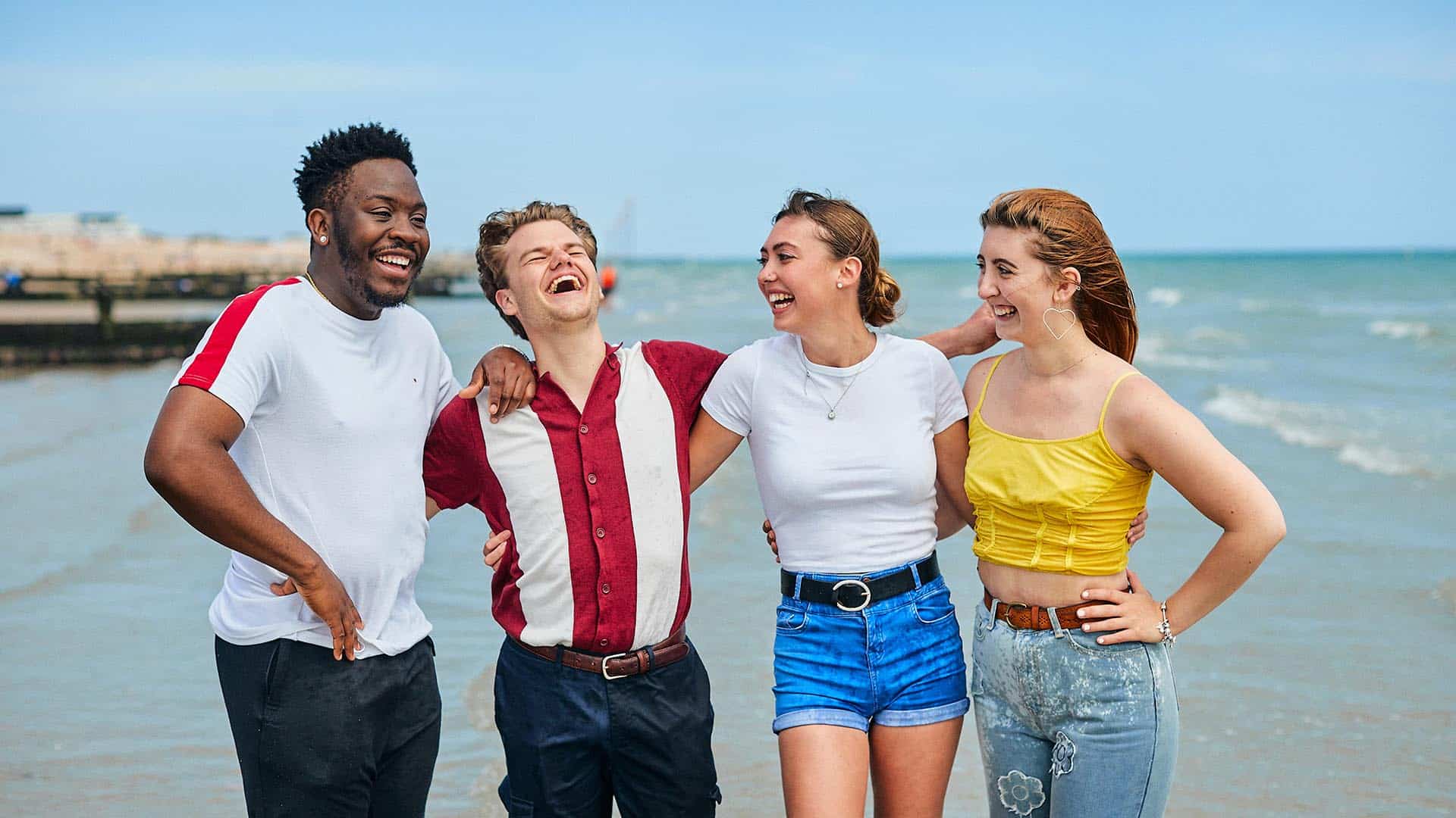 students laughing at bognor beach