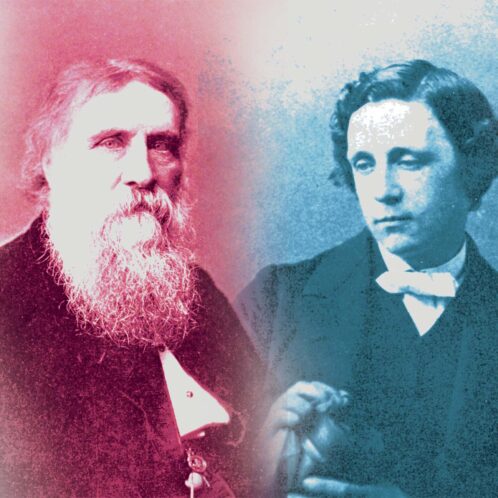 Older photographs of both Charles Dickens and Oscar Wilde colourised in pink and blue respectively.