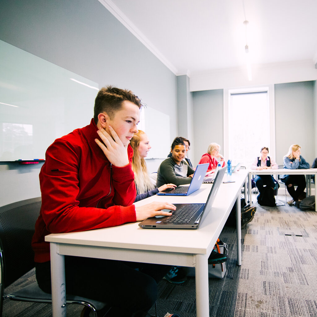 Students on laptops in classroom