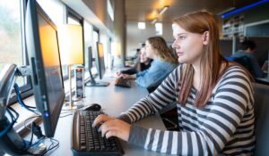 Students working in the library