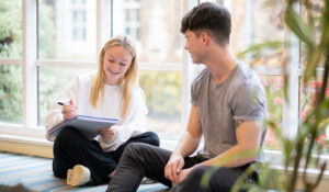 Students working in window