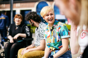 Student smiling at friend