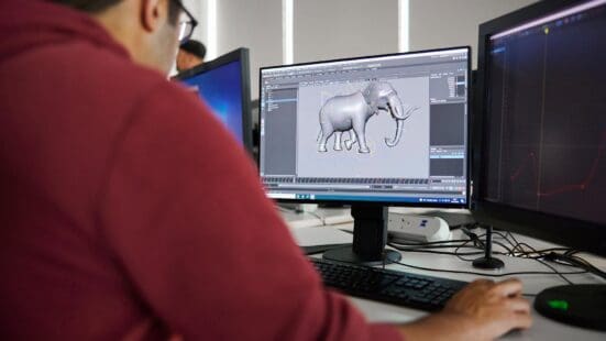 3D animation students working on a 3D elephant model