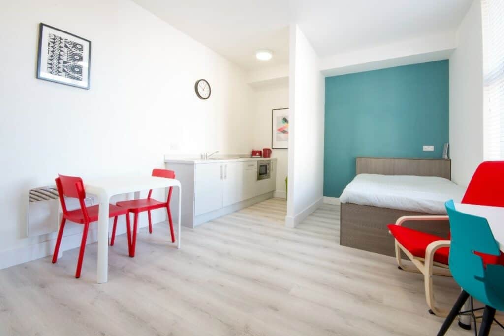 A studio apartment, complete with modern decor