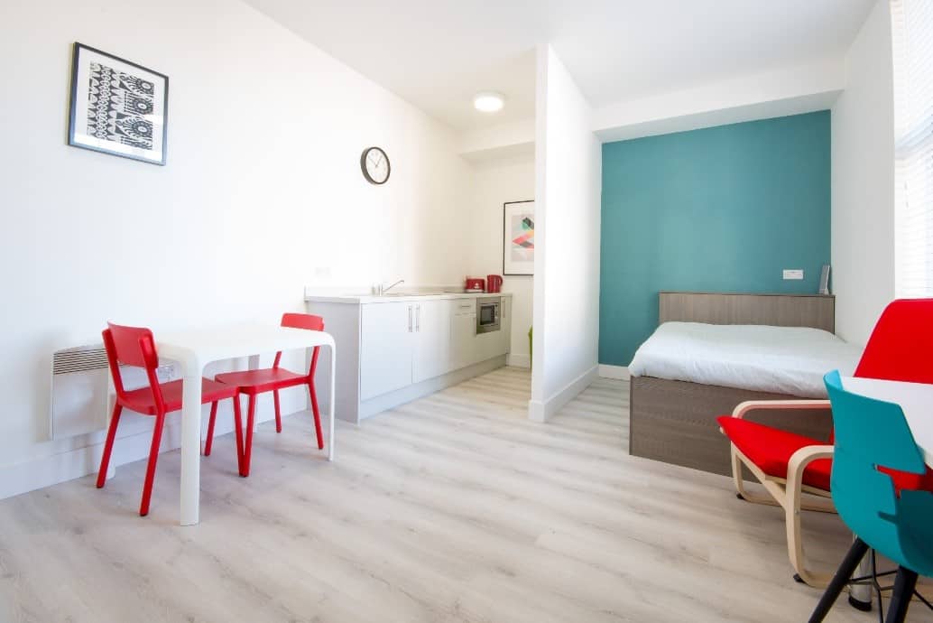 A studio apartment, complete with modern decor