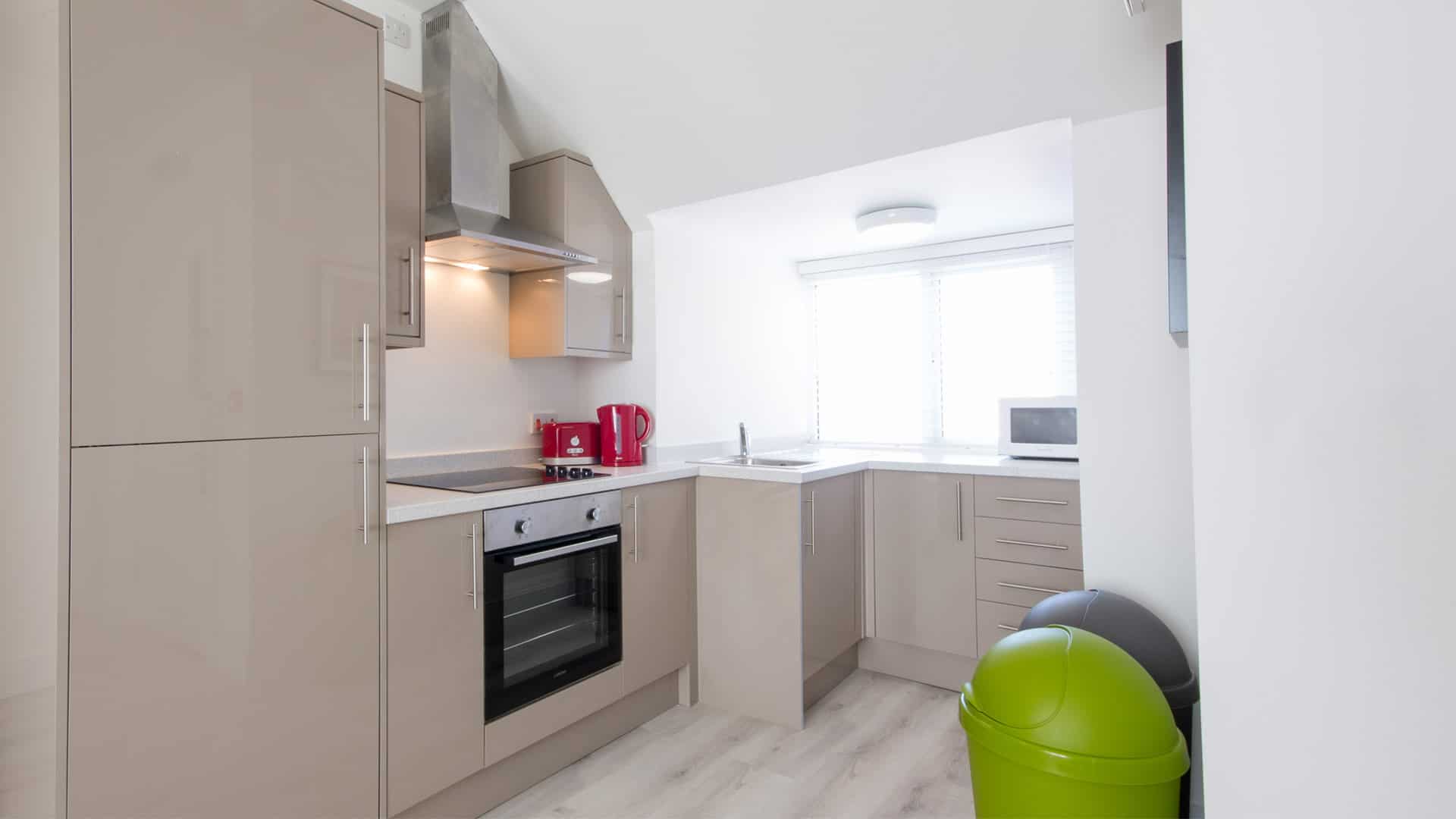Modern kitchen with built in oven and hob