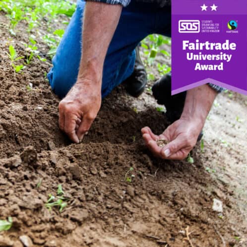 Fairtrade Img With Award Farmer sowing seeds with the 2 star Fairtrade University logo in the corner