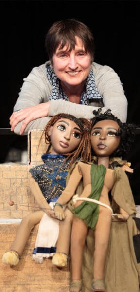 Dr Naomi Foyle with two puppets from the ASTRA production