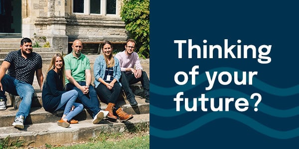 Text saying 'Thinking of your future?'. Image shows students sitting by building