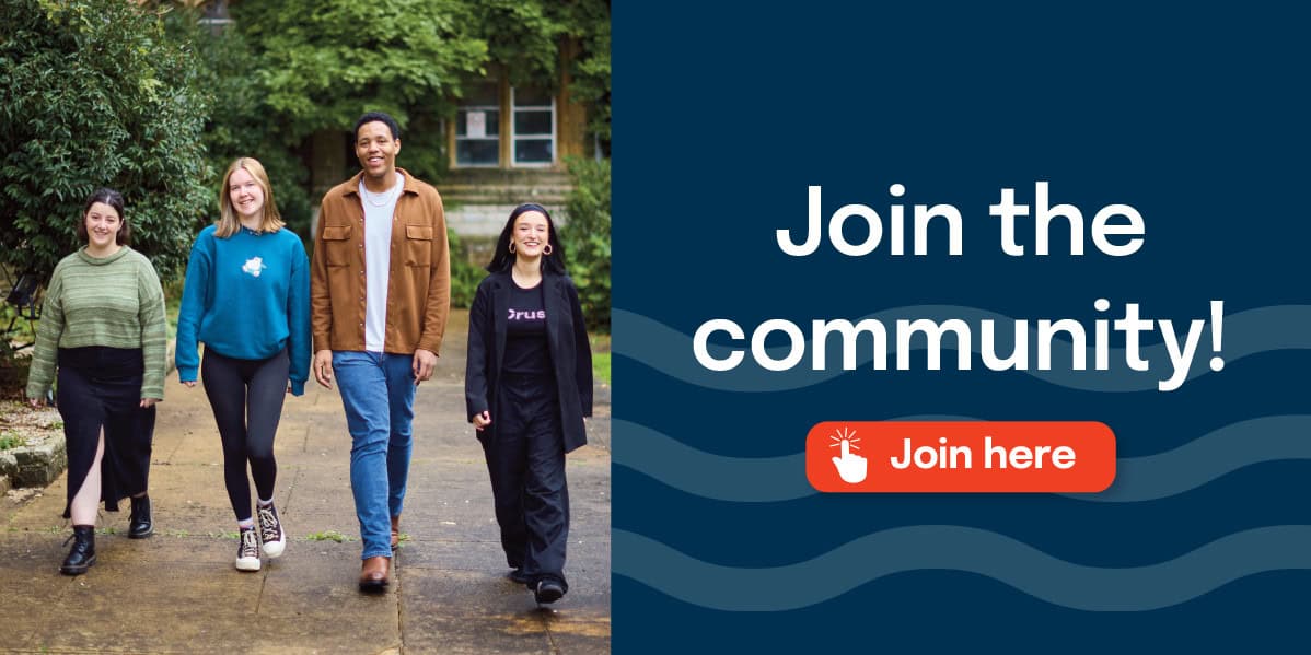 Banner with four students walking with text saying 'join the community'