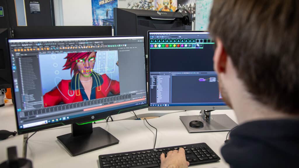 3d animation student working on a project in class
